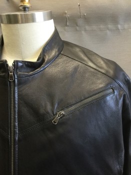 Mens, Leather Jacket, REMY, Black, Solid, 52, Zip Front, Stand Collar, 1 Zip Pocket