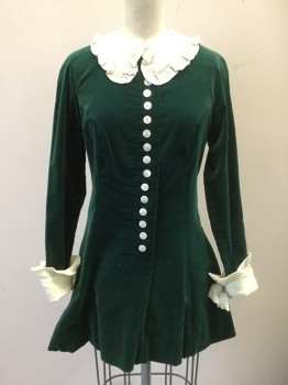SOMETHING SPECIAL, Dk Green, Cream, Cotton, Polyester, Solid, Dark Green Velvet, Long Sleeves, Cream Crepe Collar and Cuffs with Self Ruffled Edge, Cream Decorative Buttons Down Center Front, Hem Mini,  Center Back Zipper, Late 1960's/1970's
