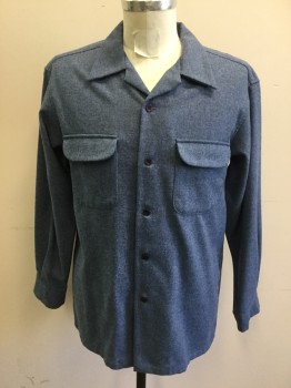 PENDLETON, French Blue, Wool, Heathered, Button Front, Collar Attached, 2 Flap Pockets, Long Sleeves