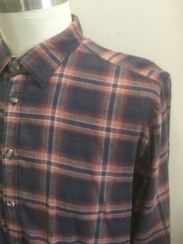 BEVILACQUA, Navy Blue, Red Burgundy, Rust Orange, Gray, Cotton, Plaid-  Windowpane, Flannel, Long Sleeve Button Front, Collar Attached