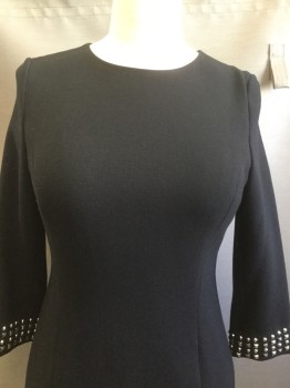 Womens, Cocktail Dress, MICHAEL KORS, Black, Polyester, Spandex, Solid, 10, Ballet Neck, 3/4 Sleeves, Silver Circle and Square Studs on Hem and Cuffs, Back Zipper