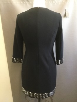Womens, Cocktail Dress, MICHAEL KORS, Black, Polyester, Spandex, Solid, 10, Ballet Neck, 3/4 Sleeves, Silver Circle and Square Studs on Hem and Cuffs, Back Zipper