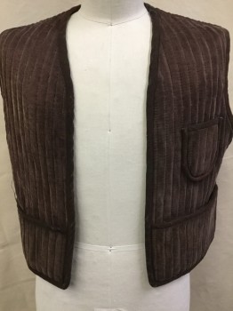 Mens, Vest, MTO, Brown, Green, Polyester, Solid, 44, (3 of Them:  2-42, 1-44) Brown Velvet Vertical Quilt with Brown Lining, 3 Pockets, Brown W/little green Worn Out at Shoulder & Trim, Open Front