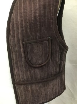 Mens, Vest, MTO, Brown, Green, Polyester, Solid, 44, (3 of Them:  2-42, 1-44) Brown Velvet Vertical Quilt with Brown Lining, 3 Pockets, Brown W/little green Worn Out at Shoulder & Trim, Open Front