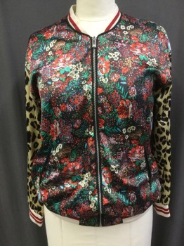 Womens, Casual Jacket, ZARA, Red, Black, Turquoise Blue, Tan Brown, Multi-color, Polyester, Floral, Animal Print, M 36, W 10, Bomber, Feels Like Silk, Body is Busy Floral, Sleeves Leopard, Sparkle Red on Cream Rib Knit Trim Collar/Cuff/Waistband, Piped Seams