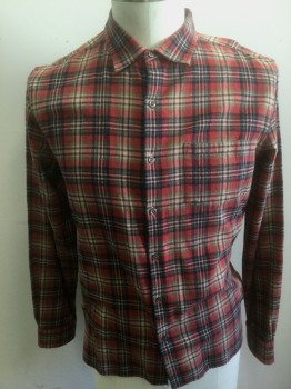 VINCE, Red, Olive Green, Black, Ecru, Cotton, Plaid, Flannel, Long Sleeve Button Front, Collar Attached, 1 Patch Pocket