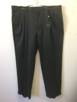 JOSEPH & FEISS, Charcoal Gray, Polyester, Viscose, Solid, Double Pleated, Button Tab Waist, Zip Fly, Relaxed Leg, Cuffed Hem, 4 Pockets