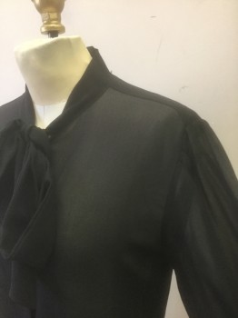 AMERICAN APPAREL, Black, Polyester, Solid, Sheer Chiffon, Long Sleeve Button Front, Stand Collar with Self Tie "Pussy Bow" Detail, Puffy Sleeves Gathered at Shoulders