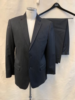 JNY JONES NY, Dk Gray, White, Wool, Stripes - Pin, Dark Gray with White Pin Stripe, Single Breasted, Collar Attached, Notched Lapel, 2 Buttons, 3 Pockets