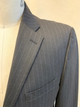 JNY JONES NY, Dk Gray, White, Wool, Stripes - Pin, Dark Gray with White Pin Stripe, Single Breasted, Collar Attached, Notched Lapel, 2 Buttons, 3 Pockets