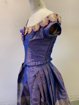 Womens, Historical Fict 2 Piece Dress, N/L MTO, Iridescent Purple, Pink, Gold, Polyester, B:34, BODICE- Changable Taffeta, Cap Sleeves, Gold and Pink Lace Appliques at Wide Off the Shoulder Neckline, Boned,  V Shaped Waist with Pleated Edge, Hook & Eyes in Back, Made To Order Historical Fantasy, 1830s