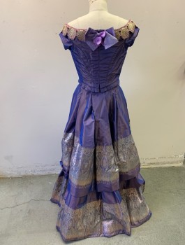 Womens, Historical Fict 2 Piece Dress, N/L MTO, Iridescent Purple, Pink, Gold, Polyester, B:34, BODICE- Changable Taffeta, Cap Sleeves, Gold and Pink Lace Appliques at Wide Off the Shoulder Neckline, Boned,  V Shaped Waist with Pleated Edge, Hook & Eyes in Back, Made To Order Historical Fantasy, 1830s