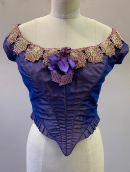 N/L MTO, Iridescent Purple, Pink, Gold, Polyester, BODICE- Changable Taffeta, Cap Sleeves, Gold and Pink Lace Appliques at Wide Off the Shoulder Neckline, Boned,  V Shaped Waist with Pleated Edge, Hook & Eyes in Back, Made To Order Historical Fantasy, 1830s