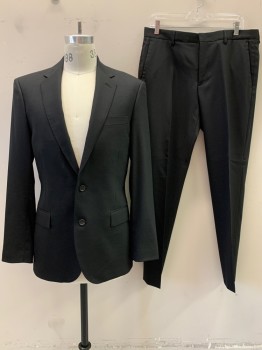 Mens, Suit, Jacket, J. CREW, Black, Wool, Polyester, Solid, 40R, Notched Lapel, Single Breasted, Button Front, 2 Buttons,  3 Pockets, Double Back Vent