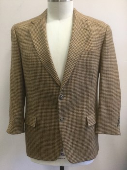 TOMMY HILFIGER, Caramel Brown, Brown, Dk Gray, Ochre Brown-Yellow, Wool, Houndstooth, Single Breasted, Notched Lapel, 2 Buttons, 3 Pockets, Lining is Off White with Red and Black Pinstripes