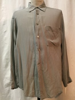 CLAIBORNE, Taupe, Silk, Solid, Ribbed, Button Front, Collar Attached, Long Sleeves, 1 Pocket,