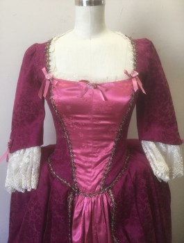 N/L MTO, Magenta Pink, Bubble Gum Pink, Gold, White, Black, Polyester, Floral, Magenta Brocade with Bubblegum Floral Satin "Stomacher" and "Underskirt", 3/4 Sleeves, Square Neck, White Lace Trim at Neckline and Sleeves, Black and Gold Gimp Trim, Gold Ribbon with Scallopped Lace Near Hem, Center Back Zipper, 1700's Inspired Costume, Made To Order