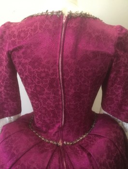 Womens, Historical Fiction Dress, N/L MTO, Magenta Pink, Bubble Gum Pink, Gold, White, Black, Polyester, Floral, W:24, B:32, Magenta Brocade with Bubblegum Floral Satin "Stomacher" and "Underskirt", 3/4 Sleeves, Square Neck, White Lace Trim at Neckline and Sleeves, Black and Gold Gimp Trim, Gold Ribbon with Scallopped Lace Near Hem, Center Back Zipper, 1700's Inspired Costume, Made To Order