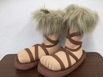 Unisex, Footwear, MTO, Brown, Sand, Polyester, Foam, L, VIKING:  Feet in Sandals, Foam Slipper Feet with Brown Tubing, Faux Fur Trim, Up to Size 12