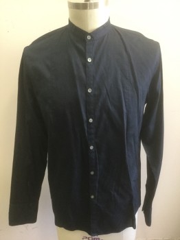 Mens, Casual Shirt, JOHN VARVATOS, Navy Blue, Cotton, Solid, Grid , L, Self Grid Texture, Long Sleeve Button Front, Band Collar, Vertical Flat Felled Seam Down Each Side of Front, French Cuffs