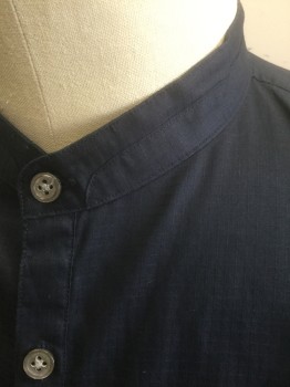 Mens, Casual Shirt, JOHN VARVATOS, Navy Blue, Cotton, Solid, Grid , L, Self Grid Texture, Long Sleeve Button Front, Band Collar, Vertical Flat Felled Seam Down Each Side of Front, French Cuffs