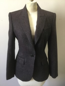 Womens, Blazer, EQUIPMENT, Charcoal Gray, Lt Gray, Red, Wool, Viscose, Speckled, 2, Charcoal with Light Gray Tiny Squares, Red Specks, Single Breasted, Peaked Lapel, 1 Button, Heavy Shoulder Pads, 3 Pockets