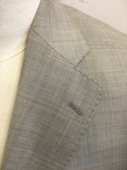 EMILIO YUSTE, Taupe, Brown, Wool, Glen Plaid, Check - Micro , Taupe with Faint Brown Microcheck Glenplaid, Single Breasted, Notched Lapel, 2 Buttons, 3 Pockets, Solid Tan Lining