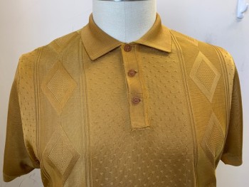 PRONTI, Dijon Yellow, Polyester, Diamonds, Stripes - Vertical , 3 Buttons, Short Sleeves, Knit