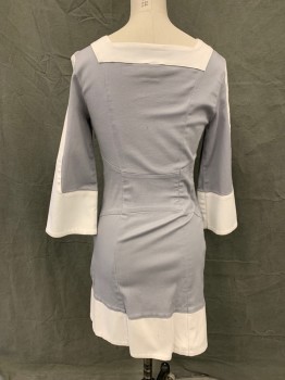 ABAETE, Gray, White, Cotton, Spandex, Color Blocking, Zip Front, 3/4 Sleeve, Mini, Hidden Side Zipper, Square Back Neck