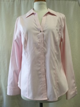 Womens, Blouse, CALVIN KLEIN, Lt Pink, Cotton, Solid, L, Button Front, Collar Attached, V-neck, Long Sleeves,