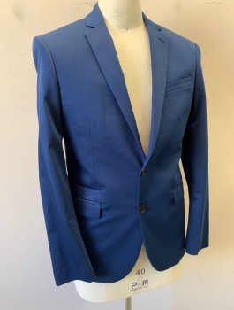 EXPRESS, Navy Blue, Cotton, Polyester, Solid, Single Breasted, Notched Lapel, 2 Buttons, 4 Pockets, Slim Fit, Lining is White and Blue Stripes