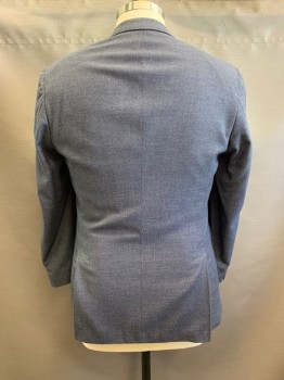 HUGO BOSS, French Blue, Gray, Polyester, Viscose, 2 Color Weave, Notched Lapel, Single Breasted, Button Front, 2 Buttons, 1 Chest Pockets, 2 Pockets, Double Back Vent