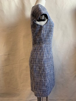 Womens, Dress, Short Sleeve, JCREW, Lt Blue, Navy Blue, Brown, White, Cotton, Synthetic, Tweed, 2, Round Neck, Cap Sleeves, Zip Back
