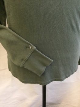 RR- RALPH LAUREN, Olive Green, Cotton, Solid, Solid Fabric Collar Attached, 3 Hidden Button Front, Knit Bodice and Long Sleeves,