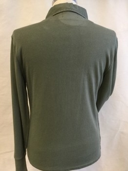 RR- RALPH LAUREN, Olive Green, Cotton, Solid, Solid Fabric Collar Attached, 3 Hidden Button Front, Knit Bodice and Long Sleeves,