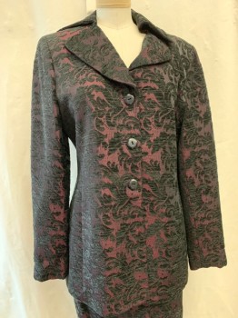 TAHARI, Wine Red, Black, Acrylic, Acetate, Leaves/Vines , Notched Lapel, Single Breasted, Button Front, 3 Buttons, Long Sleeves