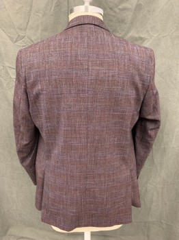 SAKS FIFTH AVENUE, Red Burgundy, Lt Blue, Black, Orange, Wool, Viscose, Tweed, Single Breasted, Collar Attached, Notched Lapel, 2 Buttons,  3 Pockets