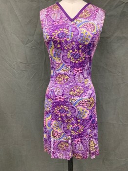 N/L, Purple, White, Blue, Pink, Lt Green, Polyester, Abstract , Psychedelic Pattern, Solid Purple Braided Ribbon V-neck, Sleeveless, Zip Back, Hem Above Knee,