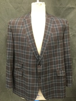 TED BAKER, Dk Brown, Lt Blue, Gray, Teal Green, Silk, Linen, Plaid, Single Breasted, Collar Attached, Notched Lapel, 2 Buttons,  4 Pockets, 2 Buttons