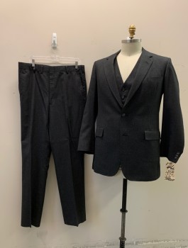 Mens, Suit, Jacket, SCHAFFNER & MARX, Dk Gray, Gray, Wool, Heathered, Stripes - Pin, 46 L, Notched Lapel, Collar Attached, 2 Buttons,  3 Pockets, Late 70's Early 80's