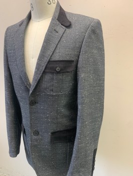 STACY ADAMS, Navy Blue, Off White, Black, Cotton, Speckled, Horizontally Streaked/Slubbed Pattern, Single Breasted, Notched Lapel with Button Tab on Left Side, 2 Buttons,  3 Patch Pockets with Button Flap Closures, Solid Black Accents on Lapel, Pockets & Cuffs, Black/Gray Striped Lining