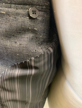 STACY ADAMS, Navy Blue, Off White, Black, Cotton, Speckled, Horizontally Streaked/Slubbed Pattern, Single Breasted, Notched Lapel with Button Tab on Left Side, 2 Buttons,  3 Patch Pockets with Button Flap Closures, Solid Black Accents on Lapel, Pockets & Cuffs, Black/Gray Striped Lining