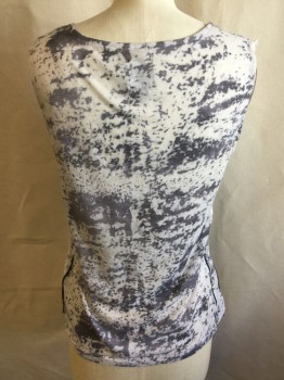 Womens, Top, NU DENMARK, Ecru, Gray, Black, Cotton, Polyester, Abstract , L, Scoop Neck, 2.5 " Straps, Abstract Tiny Black Beads Design, 2 Side Black Piping