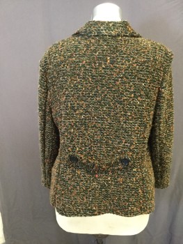 Womens, Blazer, DRESSBARN, Black, Green, Rust Orange, Synthetic, Mottled, 22/23, Synthetic Boucle Knit. 4 Button Closure Center Front, Notched Lapel, 2 Faux Button Down Pocket Flaps, Belt Tab Detail at Center Back,
