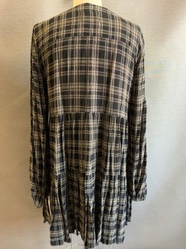 Womens, Dress, Long & 3/4 Sleeve, URBAN OUTFITTERS, Black, Tan Brown, Viscose, Plaid, M, Button Front, V-neck, Gathered Skirt