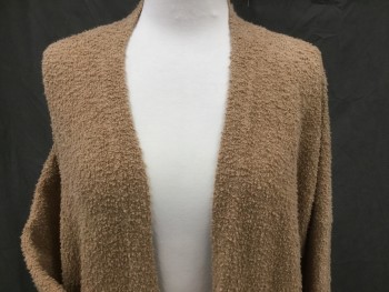 EILEEN FISHER, Camel Brown, Cotton, Polyamide, Solid, Boucle Knit, Long Sleeves, Open at Front, 2 Pockets, Knee Length