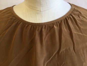 BABATON, Lt Brown, Polyester, Solid, Gathered Round Neck with Thin Trim, Raglan Long Sleeves with 2 Black with Gold Trim Buttons, Key Hole Back with 1 Matching Button