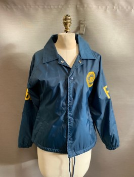 Womens, Jacket, Cardinal, Navy Blue, Nylon, Polyester, Solid, S, FBI Jacket, Button Front, Snap Buttons, Collar Attached, "FBI" on Back and Both Arms in Yellow
