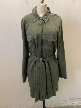 Womens, Dress, Long & 3/4 Sleeve, TOP SHOP, Olive Green, Tencel, Solid, 4, C.A., Button Front, 2 Pockets, Bttn. at Upper Sleeve with Tab on Inside of Sleeve, Matching Belt