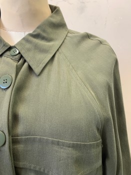 Womens, Dress, Long & 3/4 Sleeve, TOP SHOP, Olive Green, Tencel, Solid, 4, C.A., Button Front, 2 Pockets, Bttn. at Upper Sleeve with Tab on Inside of Sleeve, Matching Belt